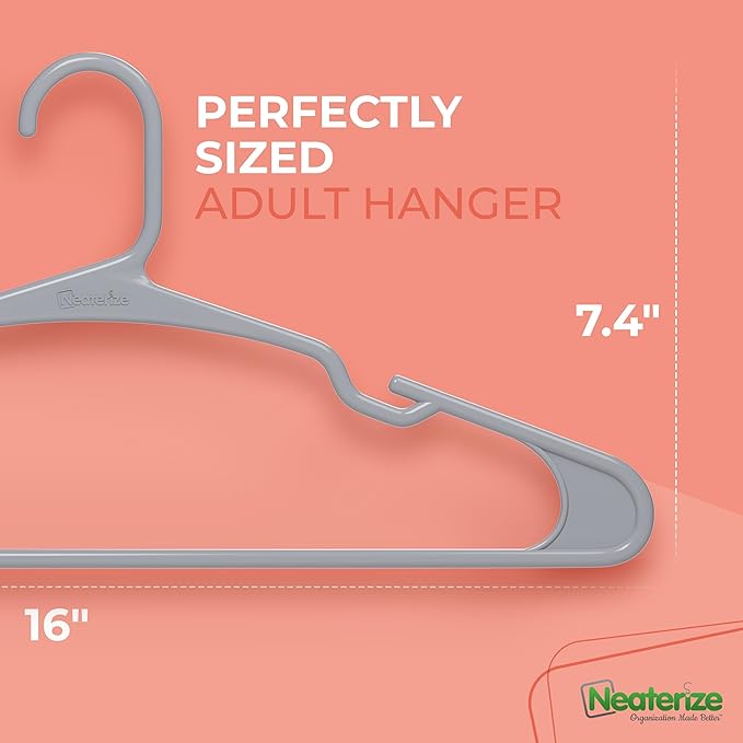 NEATERIZE Clothes Hangers Plastic 100 Pack for Adults - Plastic Hangers, The Perfect Coat Hanger and Space Saving Clothes Hangers for Closet - Grey Hangers