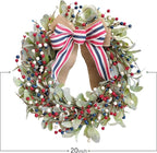 TEMPUS 20" Patriotic Wreath for Front Door - 4th of July Independence Day Decor with Red White Blue Berries & Lamb's Leaves - Memorial Day Labor Day Home Decoration