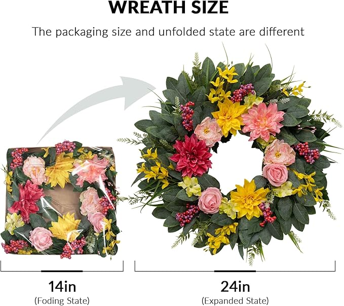 Spring Summer Eucalyptus Wreaths for Front Door Outside 24Inch Door Yellow Daisy Wreath with Sunflower Peony Dahlia Green Leaves for All Season Indoor Outdoor Home Farmhouse Porch Wall Window Decor