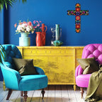 Maitys Floral Cross Wall Decor Hand Painted Decorative Inspirational Wooden Cross Mexican Art Wall Decor Mexican Crucifix for Home Room Church Decoration(Retro Style)