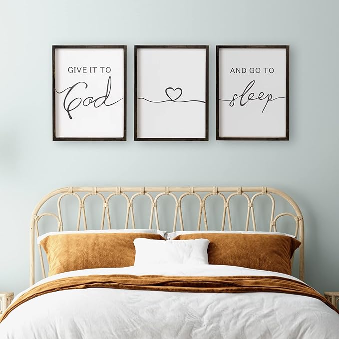 Set of 3 Framed Farmhouse Give it to God and Go to Sleep Signs Above Bed Wall Decors for Bedroom Wood Signs (Black, 16x24 inches)