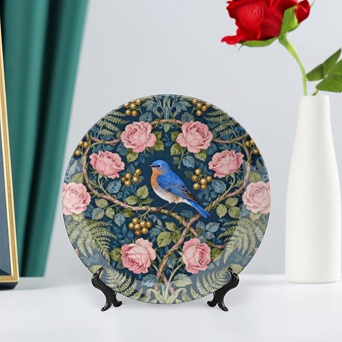 William Morris Forest Rose And Blue Birds Decorative Plate of 6", 7", 8", 10", Custom Christmas Ceramic Display Plate, Custom Gifts, Art Decoration Farmhouse Decorations Club, with Display Stand