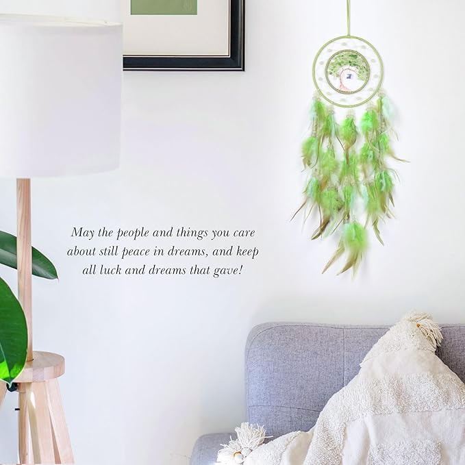 Pretty Jolly Green Tree of Life Dream Catcher Wall Decor with Luminous Beads Handmade Crystal Stones Dreamcatchers Wall Hanging with Small Butterfly Pendant for Bedroom Wedding Party Wish Gift