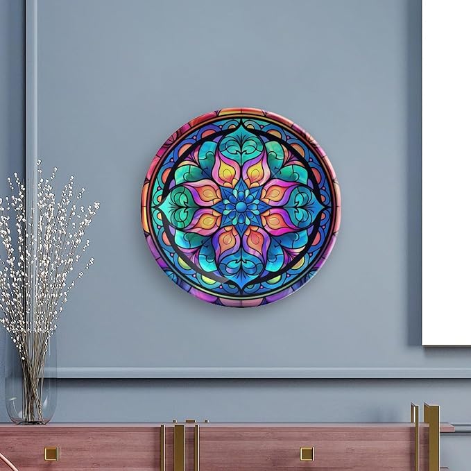 Decorative Plates for Wall Hanging, Abstract Iridescence Floral Stained Glass Design Ceramic Plate w/Display Stand, Home Decor for Kitchen Cabinets, Round Tray 7 Inch, Gift for Family Friends