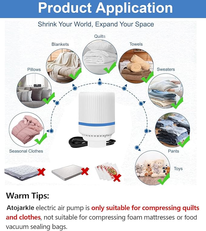 Electric Pump for Vacuum Storage Bags Travel Vacuum Pump for Various Sealing Bags Portable Vacpack Air Pump for Clothing, Pillows, Comforters (Storage Bag Not Included)