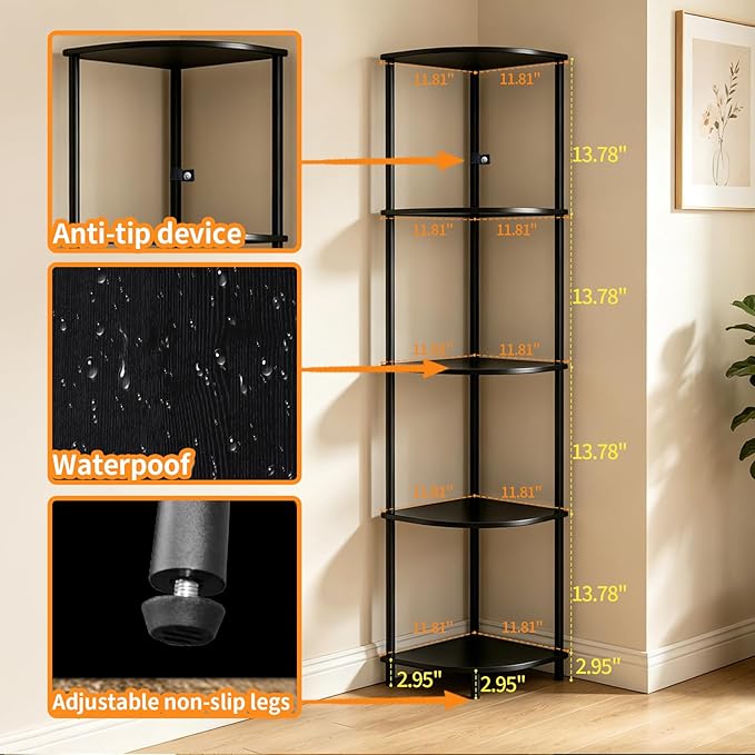 5-Tier Corner Shelf Stand,Tall Narrow Bookshelf for Small Spaces,Rustic Wood & Metal Storage Shelf,Display Plant Stand with Anti-Tip Straps for Bedroom,Living Room,Bathroom,Black
