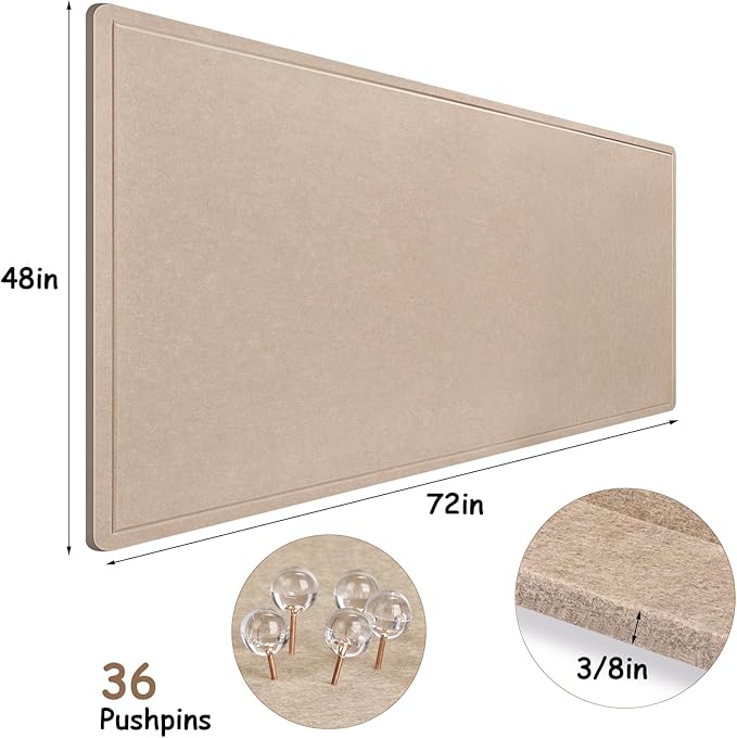 Foldable Large Bulletin Board, 72x48 Inches Cork Board Alternative, Large Felt Board Decorative Pin Board for Wall, Foldable Photo Board Self-Adhesive Vision Board with 36 Pushpins Khaki