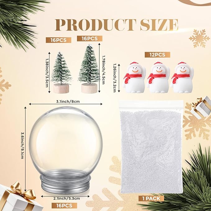 Jerify 16 Sets 3.58 Inch Christmas Plastic Clear Snow Globes Kit Water Globe with Screw Off Cap Artificial Christmas Trees Small Snowman Snowflakes for DIY Snow Globes Home Decoration Crafts (Cute)