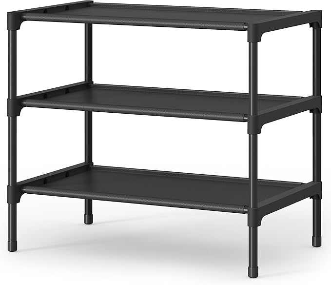 SONGMICS Shoe Rack, 3-Tier Shoe Storage Organizer, Space-Saving, 11.7 x 16.5 x 19.1 Inches, Entryway, Metal Frame, Non-Woven Fabric Shelves, Ink Black ULSH013BH01