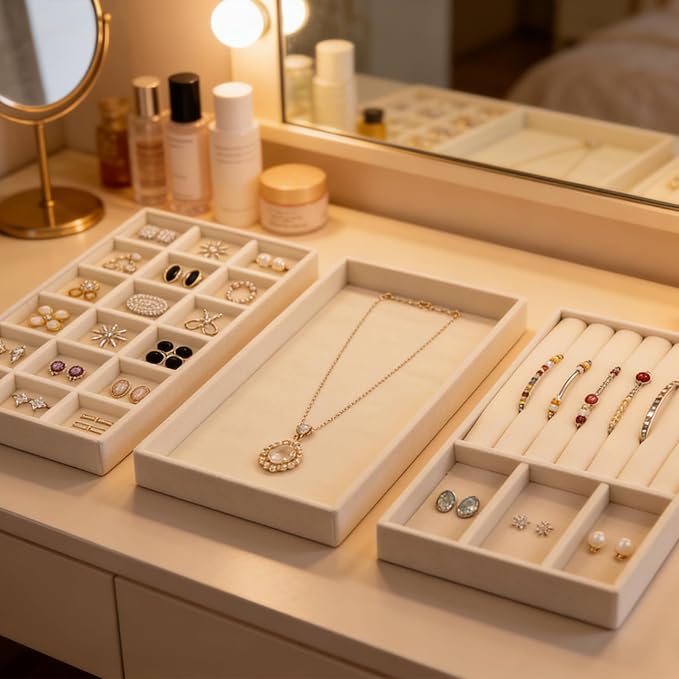 9 Pcs Velvet Jewelry Tray, Stackable Jewelry Organizer, Necklace Bracelet Display Tray, Jewelry Storage Inserts Set for Dresser & Vanity (9)