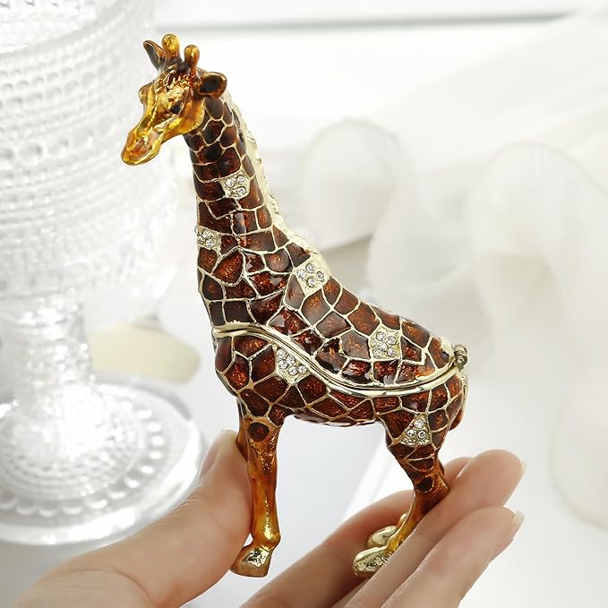 Hand Painted Trinket Box for Home Decor Accents, Enamel Hinged Jewelry Box for Bookshelf Office Table Desk Decoration, Classical Figurine Collectible Keepsake Animal Sculptures (Giraffe-Brown)