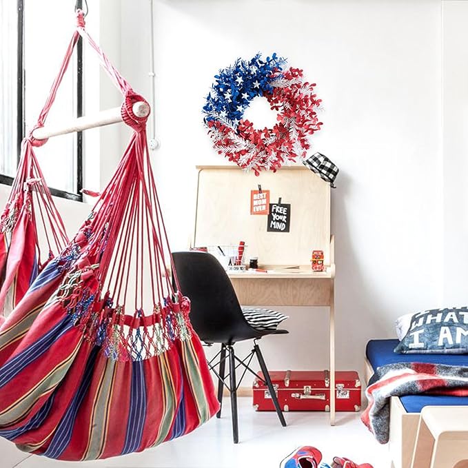 idyllic 4th of July Wreath 22 inch, Patriotic Wreath for Front Door, Red White Blue Leaves Metal Stars Independence Day, Memorial Day Americana Decor