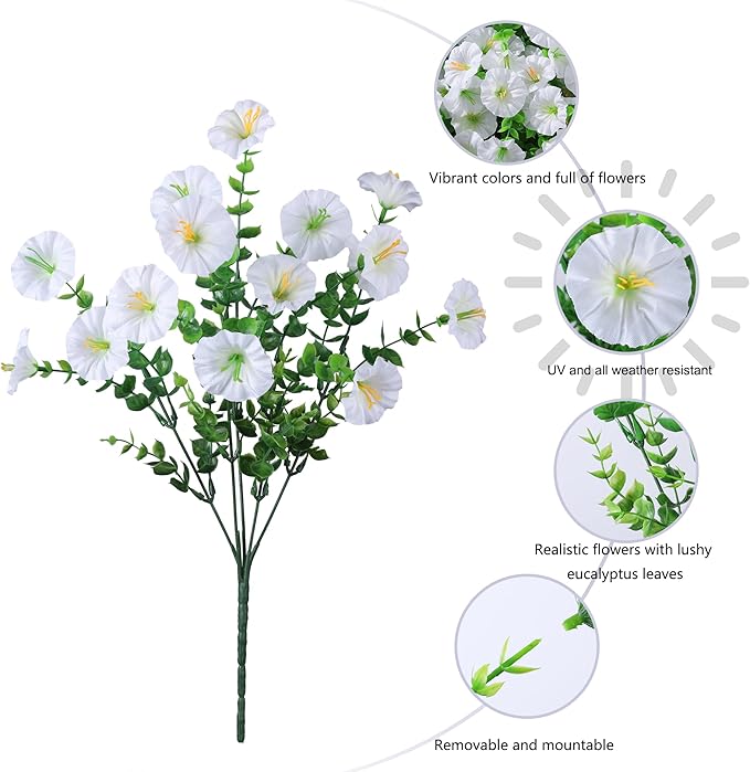 Ivydale 24 Bundles Artificial Flowers for Outdoors Spring Outside Decoration, Faux Silk Petunias White Fake Flowers Bluk Realistic UV Resistant Plants for Outdoor Planters Porch Patio Garden Yard Home