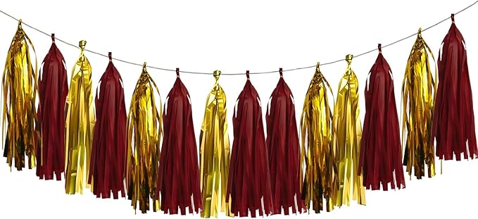 20Pcs Burgundy and Glod Paper Tassel Garland,Maroon and Glod Tissue Tassel Banner for Party Decorations
