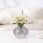 Black Glass Vase for Tulips, Ribbed Glass Vase for Flowers, Round Flower Vases, Small Short Vases for Living Room, Office, Coffee Table, Shelf, Wedding, 6 Inches