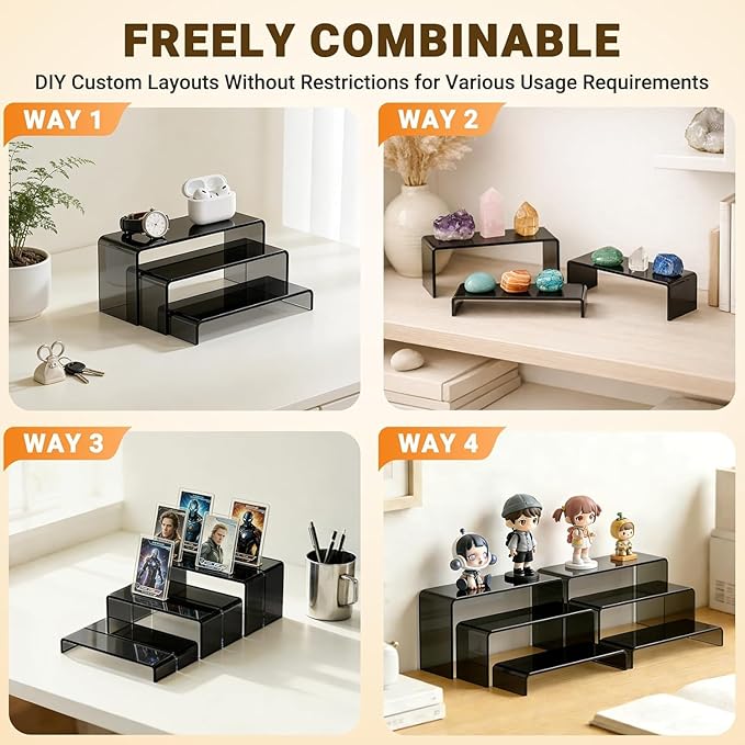FUNFERY Acrylic Display Risers, 2 Set(7.8" L~8.2" L~8.6" L~9”L) Display Shelf for Figure, Collectibles, Cupcake, Black Acrylic Stands for Dessert, Jewelry, Candy Showcase, 4 Tier Action Figure Stand