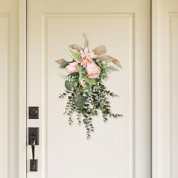 Artificial Floral Wreath Teardrop Swag Silk Flower Hanging Garland Decorative Ornament Versatile for Entryway Wedding Party Home Decoration Sui, Pink