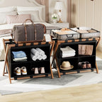 Bamboo Luggage Rack 2 Pack with 4 Storage Compartments, Foldable Suitcase Stand for Guest Room, 150lbs Capacity, Sturdy, Space-Saving and Easy to Assemble Organizer