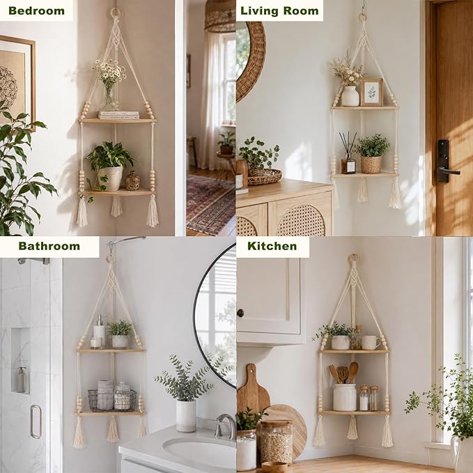Artilady Macrame Wall Hanging Corner Shelf 2-Tier, Adjustable Boho Stable Shelves Display for Indoor Plants Candle Holder, Rustic Bedroom Living Room Home Decor (Beige Weave 2-Tier)