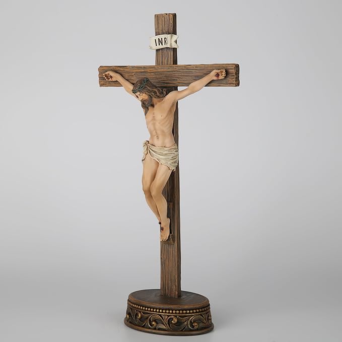 BC Catholic Crucifix Standing Cross, 15" H Jesus Christ Tabletop Home Decor, Religious Gift, Wood Carve Look, Realistic Color Finish, Renaissance Sculpture Hand Painted by Buildclassic