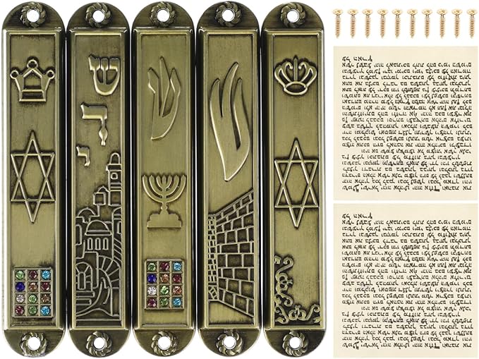 Kichvoe 5 Sets Mezuzah for Door with Scrolls: Vintage Religious Metal Mezuzah Cases - Easy Install Doorpost Scripture Scroll Decor House Warming Blessing Hanukkah Decoration