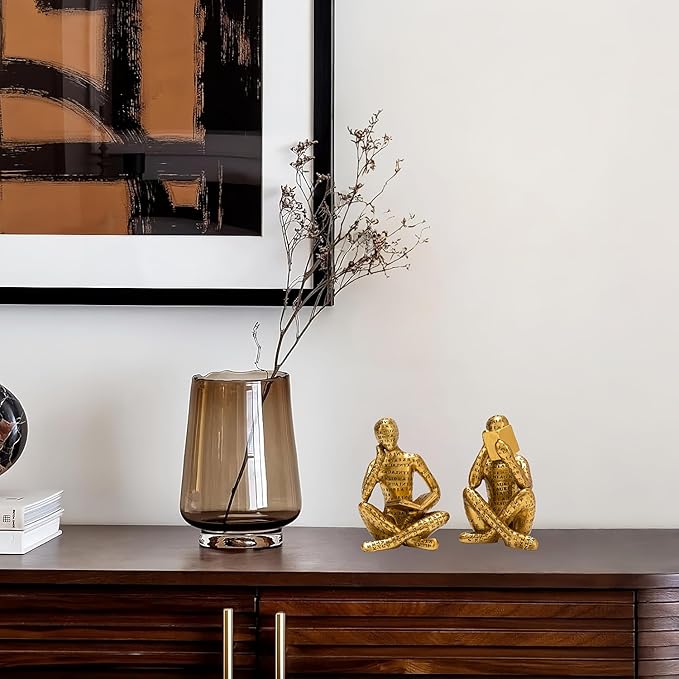 Antique Gold Reading Thinker Statue, Set of 2 Bookshelf Decor Abstract Art Thinker Sculptures, Modern Aesthetic Figurine Home Decoration Ornaments for Living Room Office Shelf Coffee Table Desk Decor