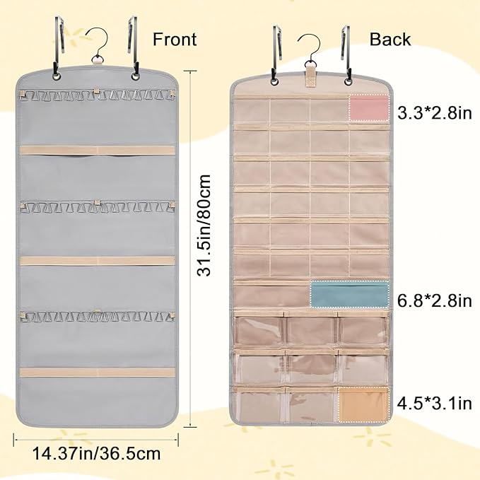Wome Over the Door Jewelry Organizer Hanging: Double-Sided Storage with 28 Small 2 Large 9 Medium Pockets for Earrings Necklaces Rings Durable Polyester for Door or Closet or Wall or Glass (grey)