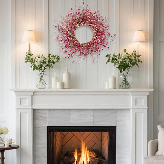 26 Inch Pink Wildflower Wreath with Berries - Handmade Spring Summer Easter Decoration for Front Door, Wall, Fireplace, Wedding, Party - Indoor/Outdoor Use (Rose Red)