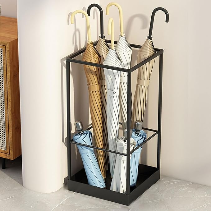 Umbrella Holder for Indoor Entryway, Large Metal Umbrella Stand with Removable Water Tray and Hooks, Umbrella Rack Storage for Home, Office, Hotel