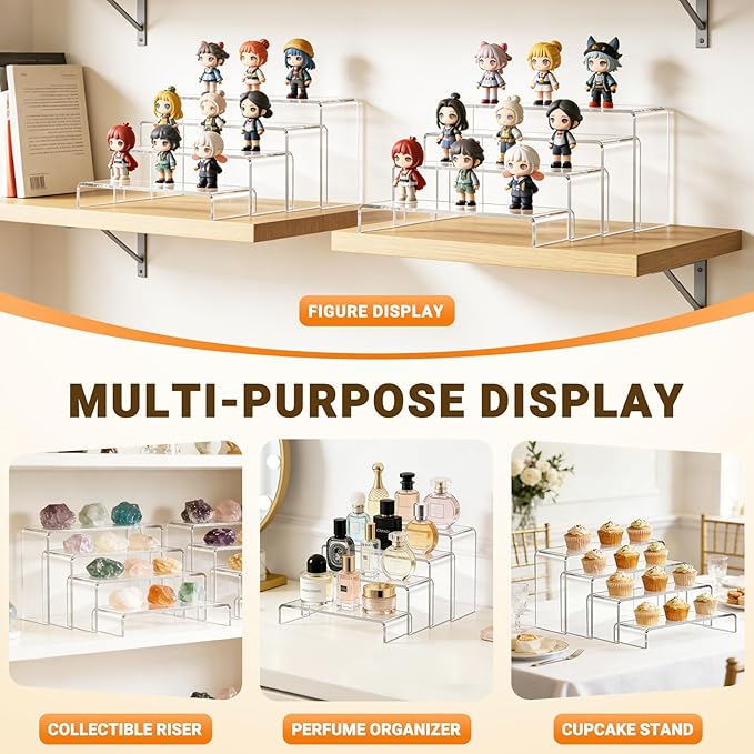 FUNFERY Acrylic Display Risers, 2 Set(7.8" L~8.2" L~8.6" L~9”L) Display Shelf for Figure, Collectibles, Cupcake, Clear Acrylic Stands for Dessert, Jewelry, Candy Showcase, 4 Tier Action Figure Stand