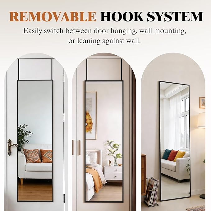 DUMOS 47"x14" Full Length Door Mirror, Full Body Mirror with Aluminum Alloy Thin Frame, Leaning or Hanging, Suitable for Bedroom, Livingroom, Cloakroom, Black