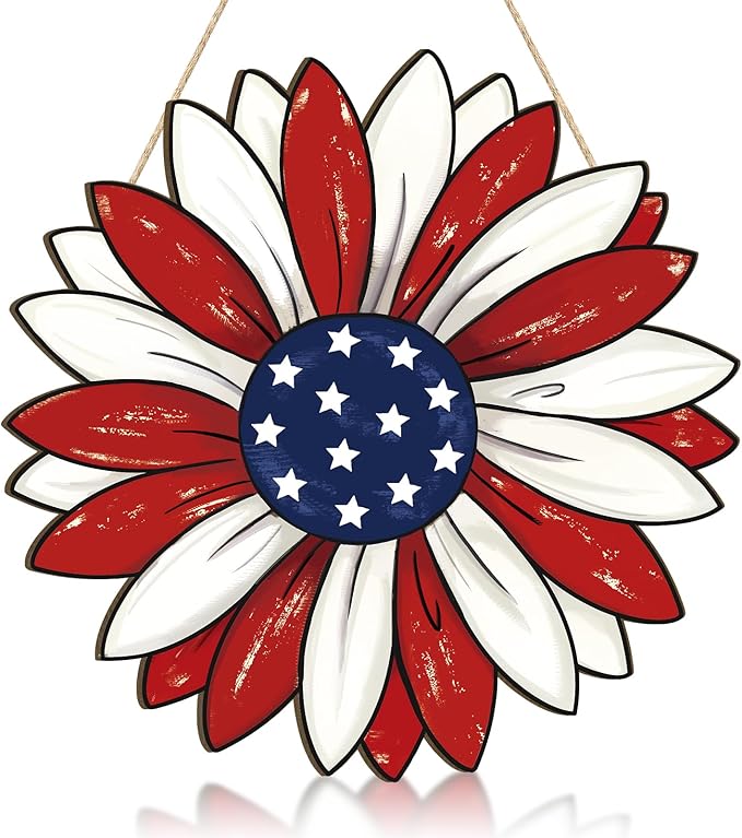 Wooden 4th of July Decoration Door Wreath for Front Door Sign Star Wall Signs, Independence Day Patriotic Day Wreath Welcome Memorial Day Hanging for Home Wall Decor Party Outdoor Indoor Flower