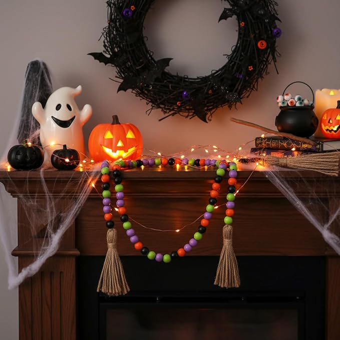 Equsion Seasonal Wooden Bead Garland with Tassels, 3.3 ft Holiday Vintage Boho Bead Garland Easter Tray Decoration, Vase Wall Room Art Birthday Party Decoration(Halloween Colors)
