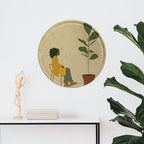 Wall Picture, with Potted Plant and Woman Printed Circular Iron Hanging Picture,Wall Art Decor,Home for Bedroom Living Room Bathroom Decor,Iron Painting 11.8X11.8 in