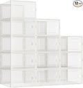 Kuject Large Shoe Organizers Storage Boxes for Closet, 12 Pack Clear Plastic Stackable Storage Bins with Lids, Under Bed Shoe Containers for Entryway, Fit up to Women's Size 10,Black,Off-white