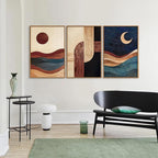 SIGNINART Boho Mid Century Modern Framed Canvas Wall Art, Bohemian Geometric Wall Decor, Abstract Sun and Moon Artwork,Beige and Black Wooden Art Paintings for Living Room Bedroom Office 24"x36"x3