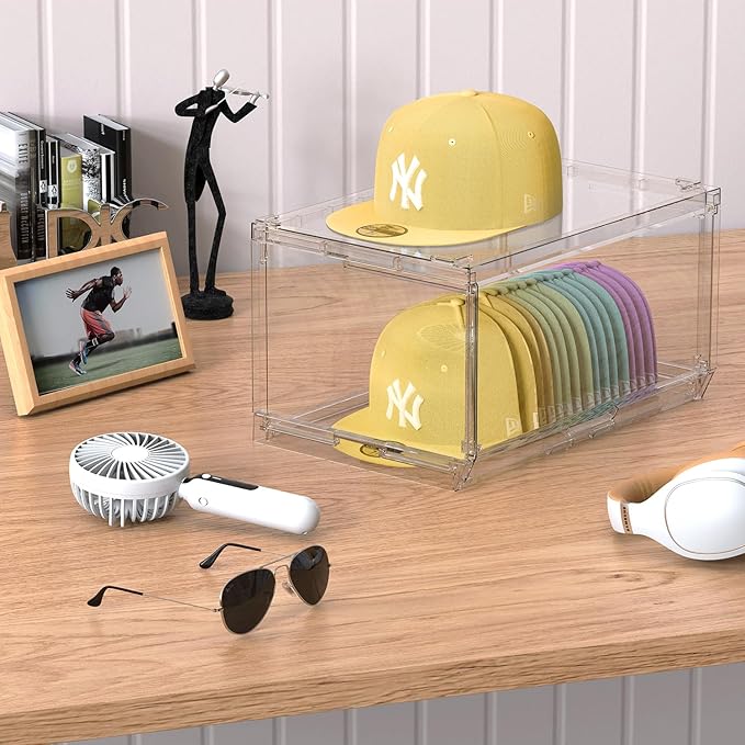 4 Pack Large Hat Organizer Box, Stackable Clear Baseball Caps Holder Box Containers with Sliding Door for Hats Snapback Cap Storag, Hat Rack Display Case, Holds 20 Hats Each -Clear