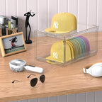 4 Pack Large Hat Organizer Box, Stackable Clear Baseball Caps Holder Box Containers with Sliding Door for Hats Snapback Cap Storag, Hat Rack Display Case, Holds 20 Hats Each -Clear