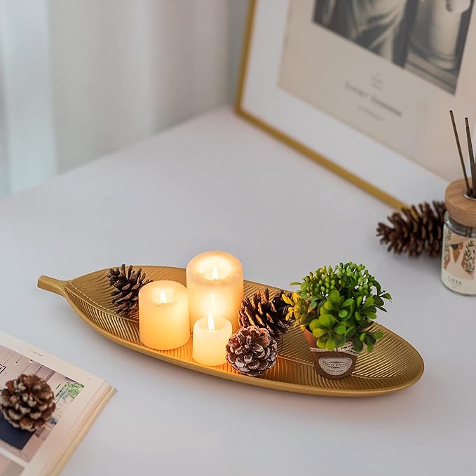 Hanobe Decorative Bowls for Home Decor: Leaf Shaped Wood Key Tray Entryway Decor Leaves Bowl for Fireplace Mantel, Gold