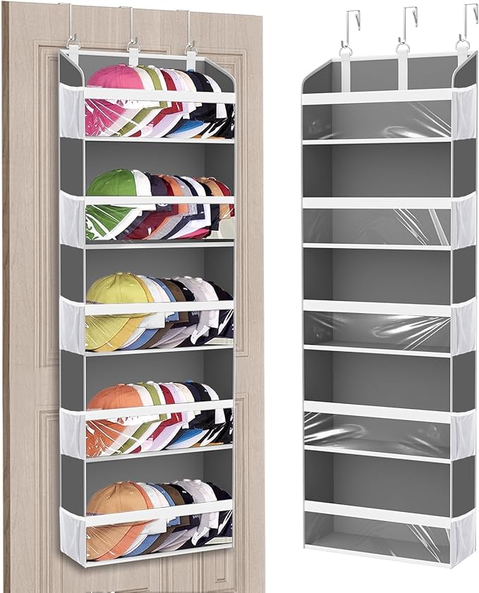 Holds 60 Caps Over the Door Hat Organizer for Baseball Caps,5-Tier Large Capacity Hat Rack Storage for Closet Door, Clear Deep pockerts Hanging Holder with 3 Hooks, Grey
