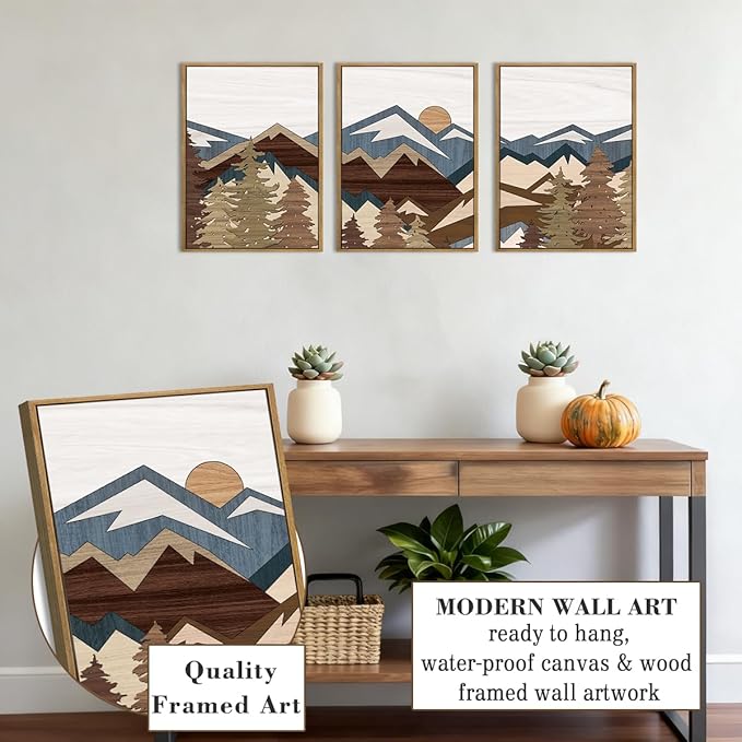 BINCUE Framed Mountain Wall Art Boho Landscape Wall Decor Mountain Artwork Boho Mountains Wall Pictures Landscape Paintings Rustic Farmhouse Decor for Office Living Room Bedroom Office 12" Lx16 W Set of 3