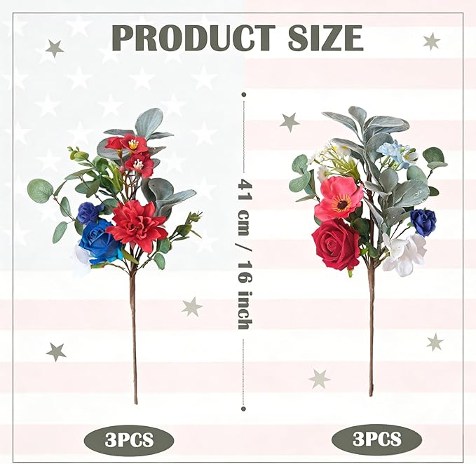 Idyllic 6 Pcs Red White & Blue Patriotic Floral Stems, Artificial Roses Hydrangeas Daisies for 4th of July, Memorial Day Wreath & Holiday Decor