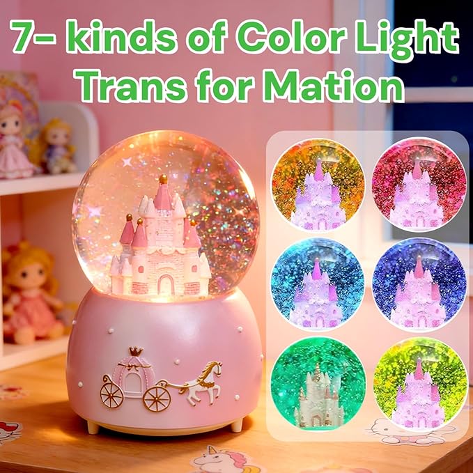 Pink Castle Snow Globes, Girls Music Snowglobes with LED 7 Colors Lights, Automatic Snow Fall Effect, Home Decor for Kids Room Essentials, Gifts for Birthday Christmas Valentines Mother's Day (Pink)