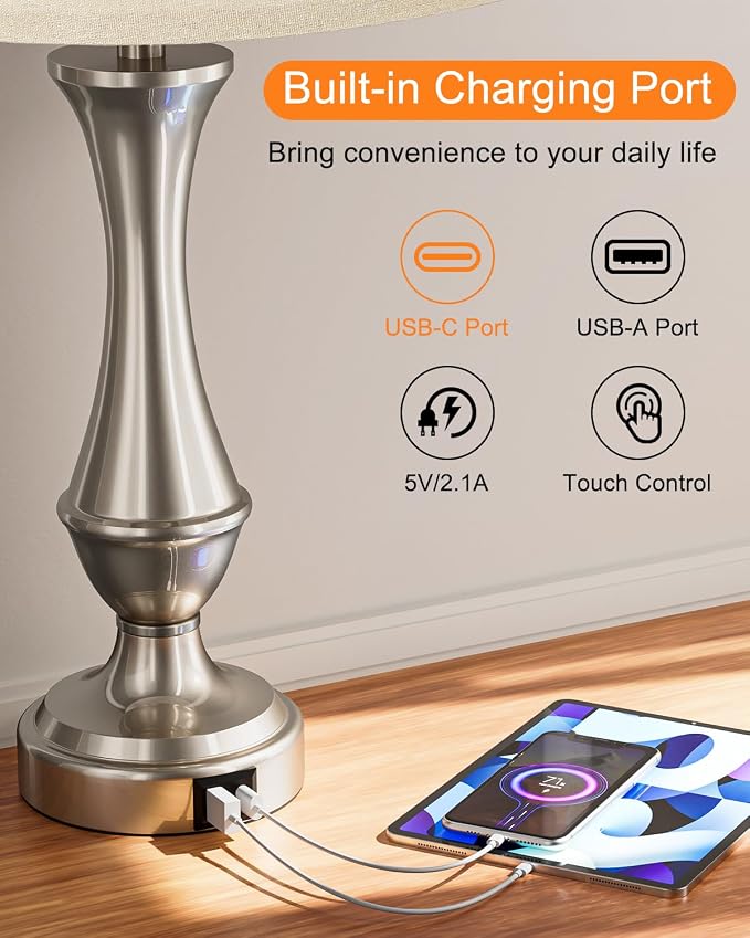 Seealle Upgraded Touch Lamps for Night Stands Set of 2 - Bedside Lamps with USB C+A, 3 Way Dimmable for Bedroom Living Room End Tables Office (White&Nickel)