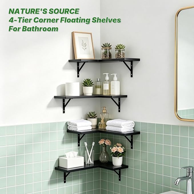 NATURE'S SOURCE Corner Floating Shelves Set of 4, Corner Shelves Wall Mounted, for Bedroom Kitchen Living Room Bathroom Office- Gothic Style (Black, Set of 4)