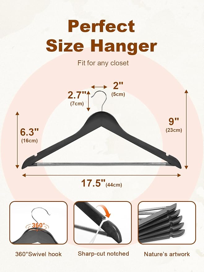 HOUSE DAY Black Wooden Hangers 10 Pack, Solid Wood Hanger with Non Slip Pant Bar, Heavy Duty Wooden Coat Hanger for Closet, Smooth Finish Wood Clothes Hangers for Shirts, Suits, Jackets, Dress