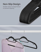 SONGMICS Pack of 50 Coat Hangers, Heavy-Duty Plastic Hangers with Non-Slip Design, Space-Saving Clothes Hangers, 0.2” Thickness, 360° Swivel Hook, 16.5” Long, Black and Gray