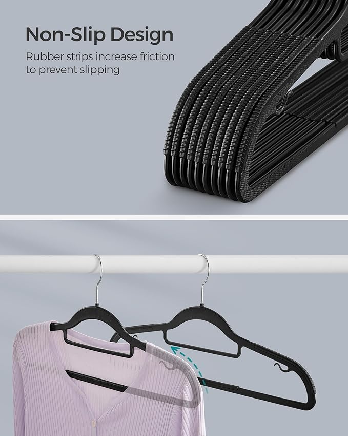 SONGMICS Pack of 30 Coat Hangers, Space-Saving Plastic Clothes Hangers, Non-Slip, 0.2 Inches Slim, 16.5 Inches Wide, 360° Swivel Silver Hook, Black UCRP20BK30