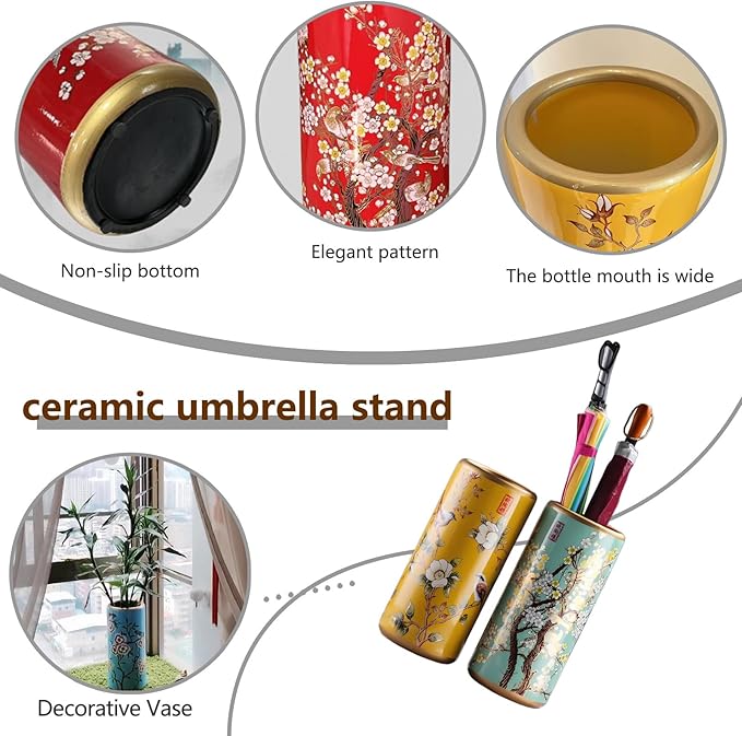 Decorative Ceramic Umbrella Stand - Porcelain Umbrella Holder Chinese Flower and Bird Print Vintage Floor Standing Vase Multi-Functional Cane Storage