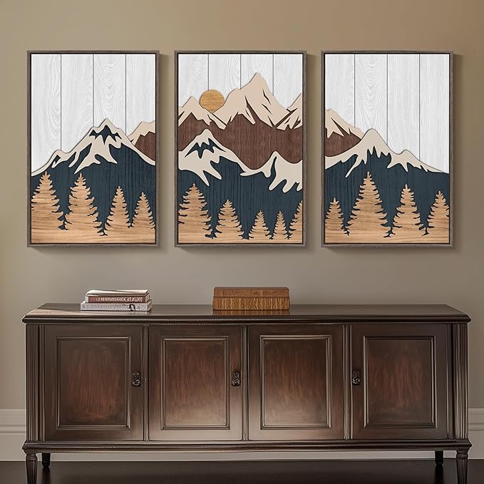 Framed Textured Wood Mountain Wall Art for Living Room, Large 3 Piece 3D Wood Farmhouse Artwork for Walls, Boho Landscape Mountain Forest Sun Wall Art Decor for Bedroom Office Hallway, 24x36 Inch